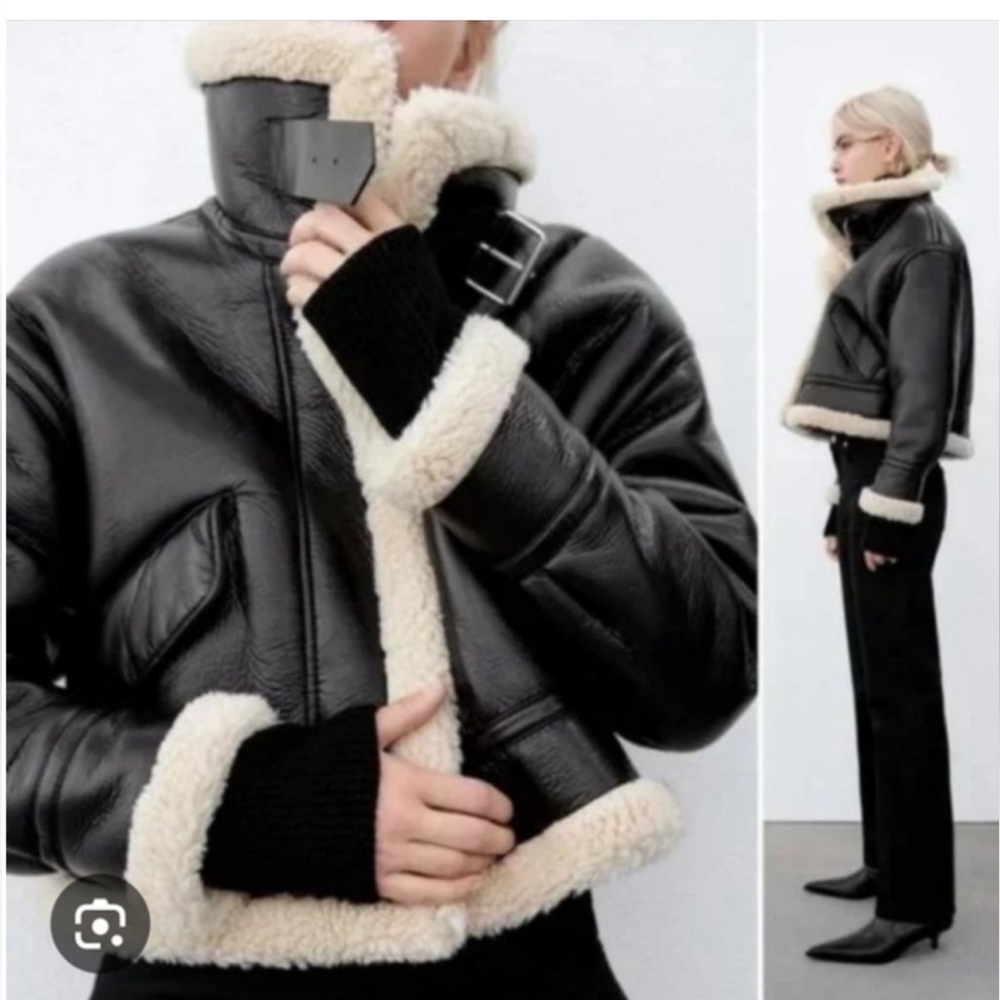 Zara Black Leather Jacket with Cream Shearling